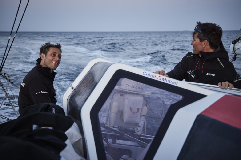 LORIENT, FRANCE - MAY 26: Class 40 Credit Mutuel, skippers Ian Lipinski and Antoine Carpentier, are portraited before the Transat Jacques Vabre, in Lorient, France, on May 26, 2023. (Photo by Anne Beauge)