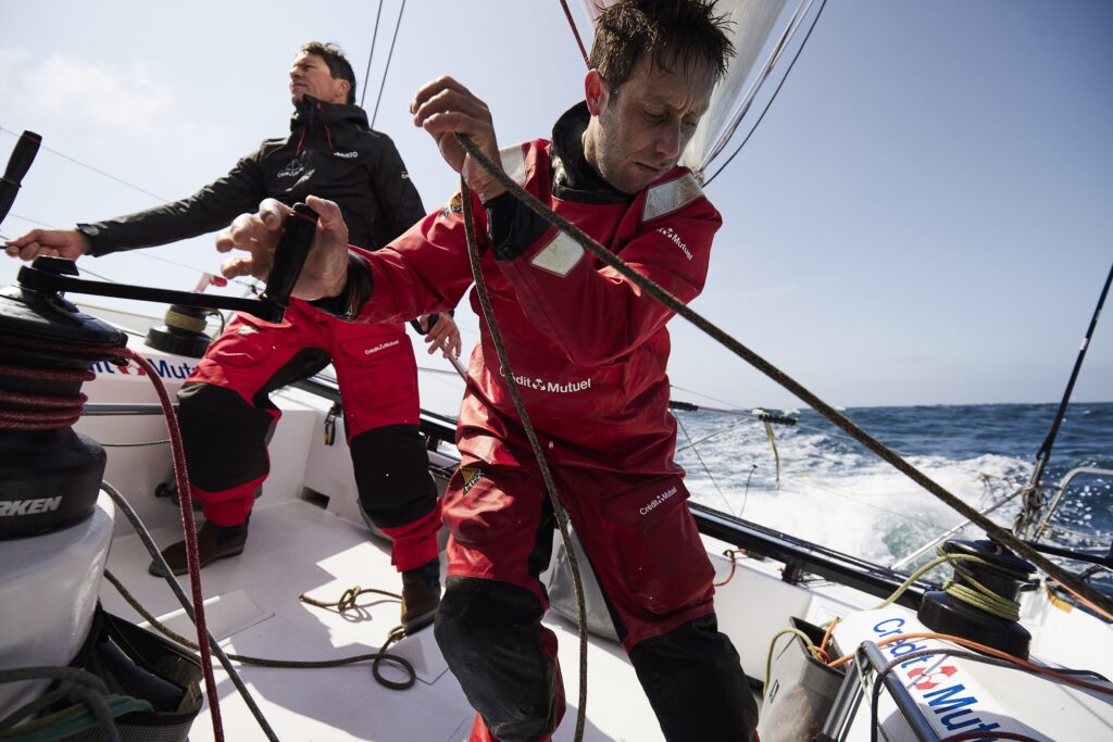 LORIENT, FRANCE - MAY 26: Class 40 Credit Mutuel, skippers Ian Lipinski and Antoine Carpentier, are portraited before the Transat Jacques Vabre, in Lorient, France, on May 26, 2023. (Photo by Anne Beauge)