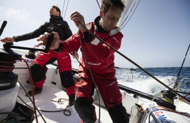 LORIENT, FRANCE - MAY 26: Class 40 Credit Mutuel, skippers Ian Lipinski and Antoine Carpentier, are portraited before the Transat Jacques Vabre, in Lorient, France, on May 26, 2023. (Photo by Anne Beauge)