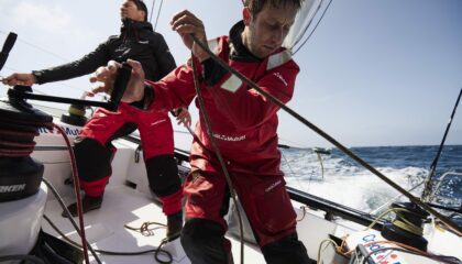 LORIENT, FRANCE - MAY 26: Class 40 Credit Mutuel, skippers Ian Lipinski and Antoine Carpentier, are portraited before the Transat Jacques Vabre, in Lorient, France, on May 26, 2023. (Photo by Anne Beauge)