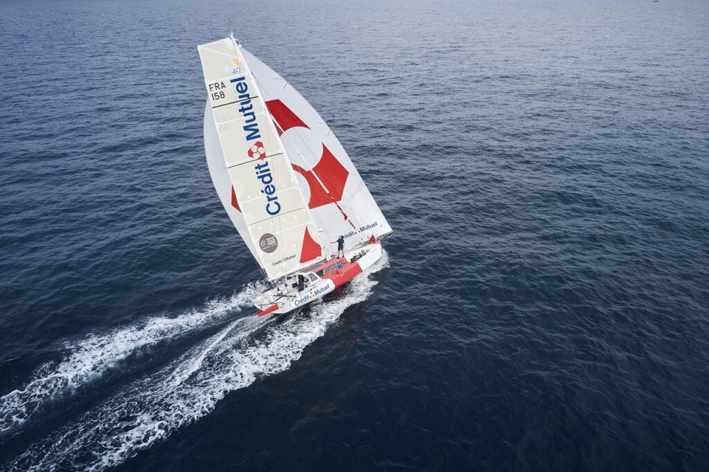 LORIENT, FRANCE - OCTOBER 11: Class 40 Credit Mutuel, skippers Ian Lipinski and Antoine Carpentier, is pictured in action before the Transat Jacques Vabre, in Lorient, France, on October 11th, 2023. (Photo by Anne Beaugé)